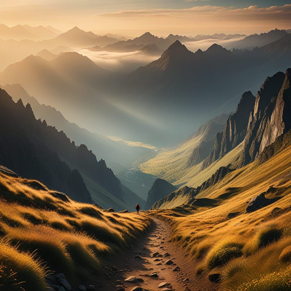 Majestic Mountain Trail Hiker in Golden Light