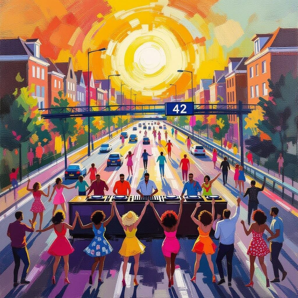 Joyful Highway Party in Vibrant Gouache Style