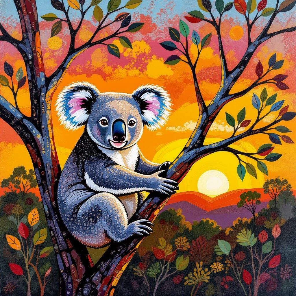Koala in Outback Sunset as Aboriginal Dot Art