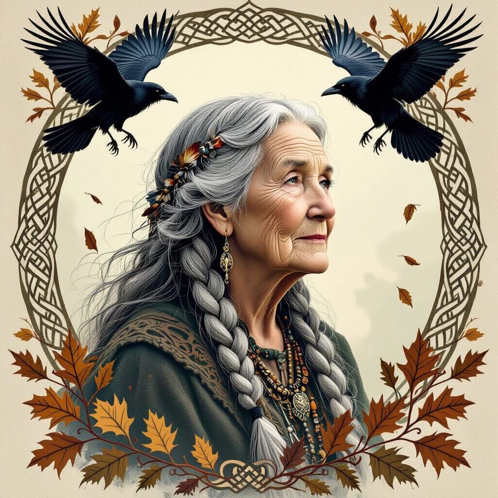 Celtic Elder Portrait with Knotwork and Ravens