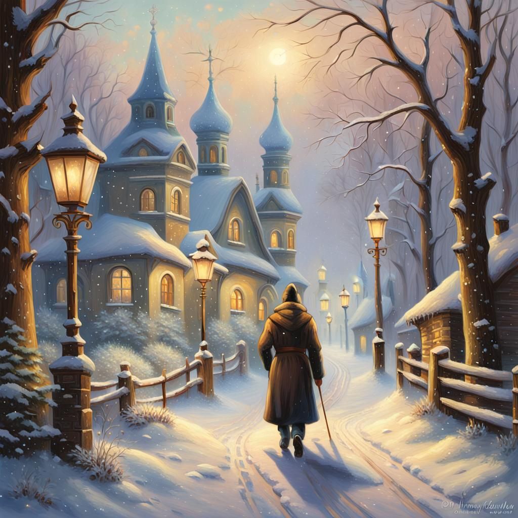 Snowy Russian Village in Thomas Kinkade Style