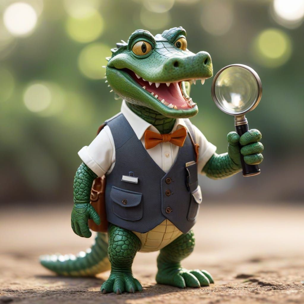 Cartoon Alligator Investigator with Magnifying Glass