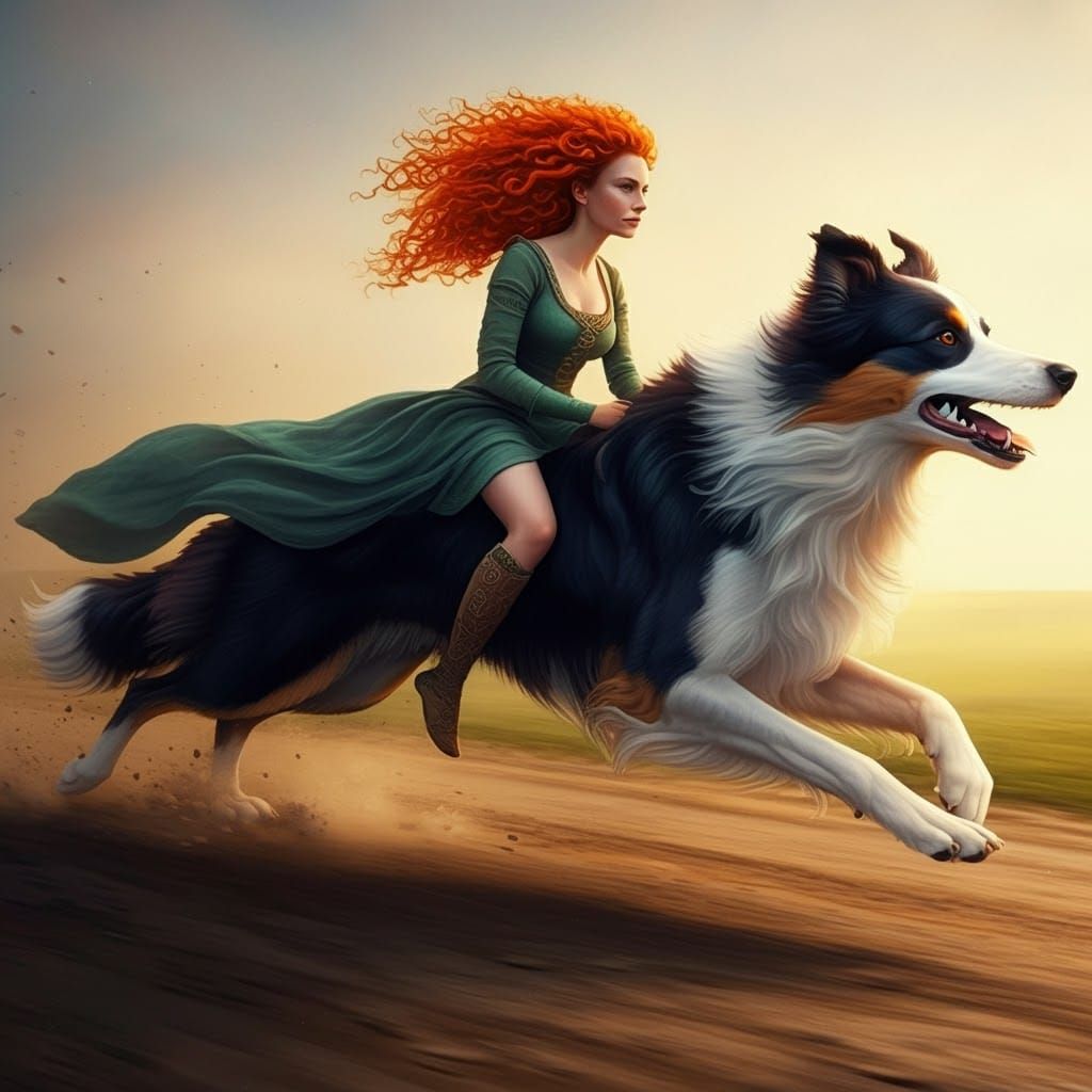 Celtic Woman Rides Giant Collie in Splash Art Style