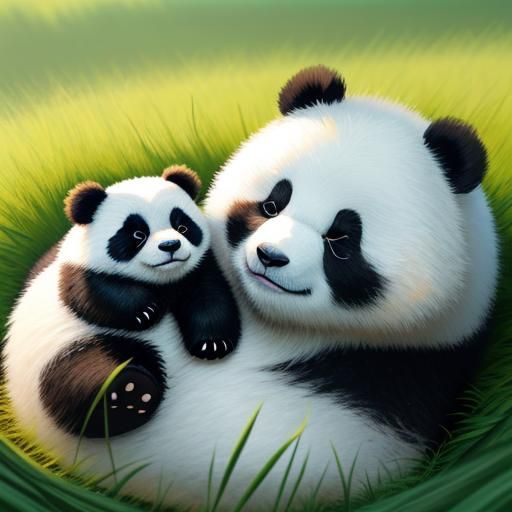 Charming Panda Mother and Baby on Fluffy Grass