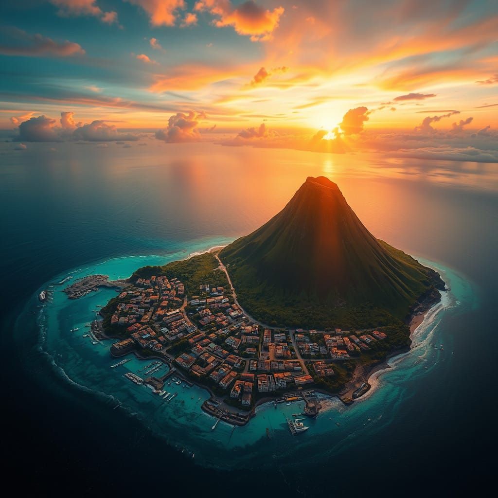 Hypermaximalist Tropical Volcano Town at Golden Hour