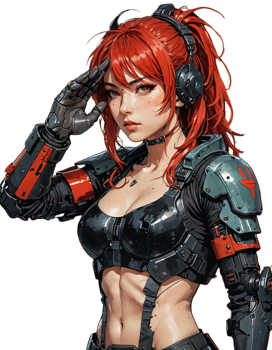 Red Haired Marine Salutes in Cyberpunk Manga Style
