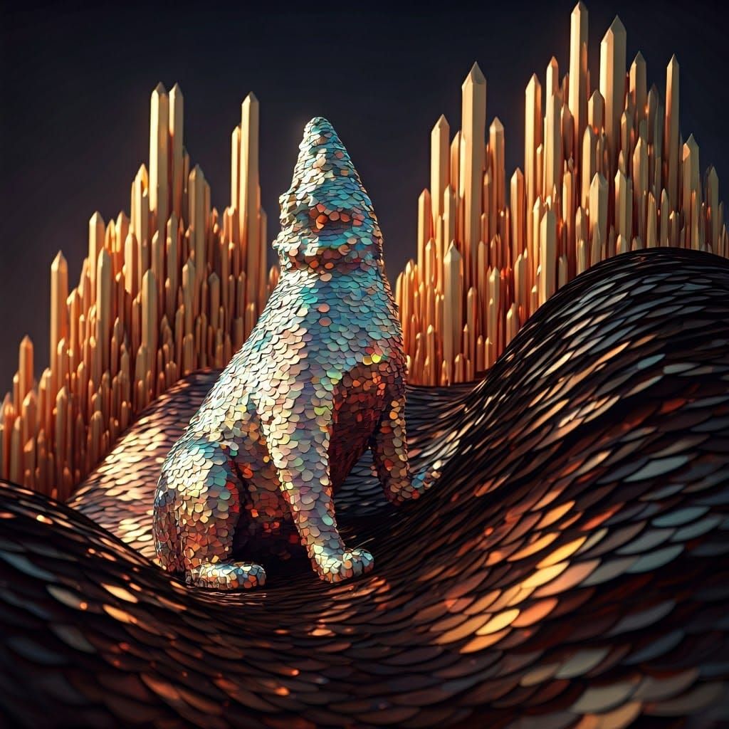 Mystical Creature Amidst Shimmering Sequin Landscape