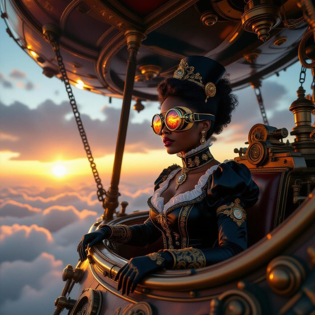 African American Woman Piloting Clockwork Airship in Steampu...
