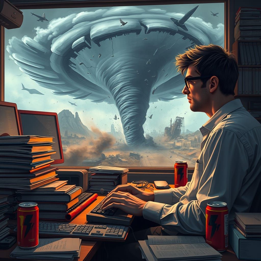 Cyberpunk Programmer Waits for Meeting Amidst Apocalyptic To...