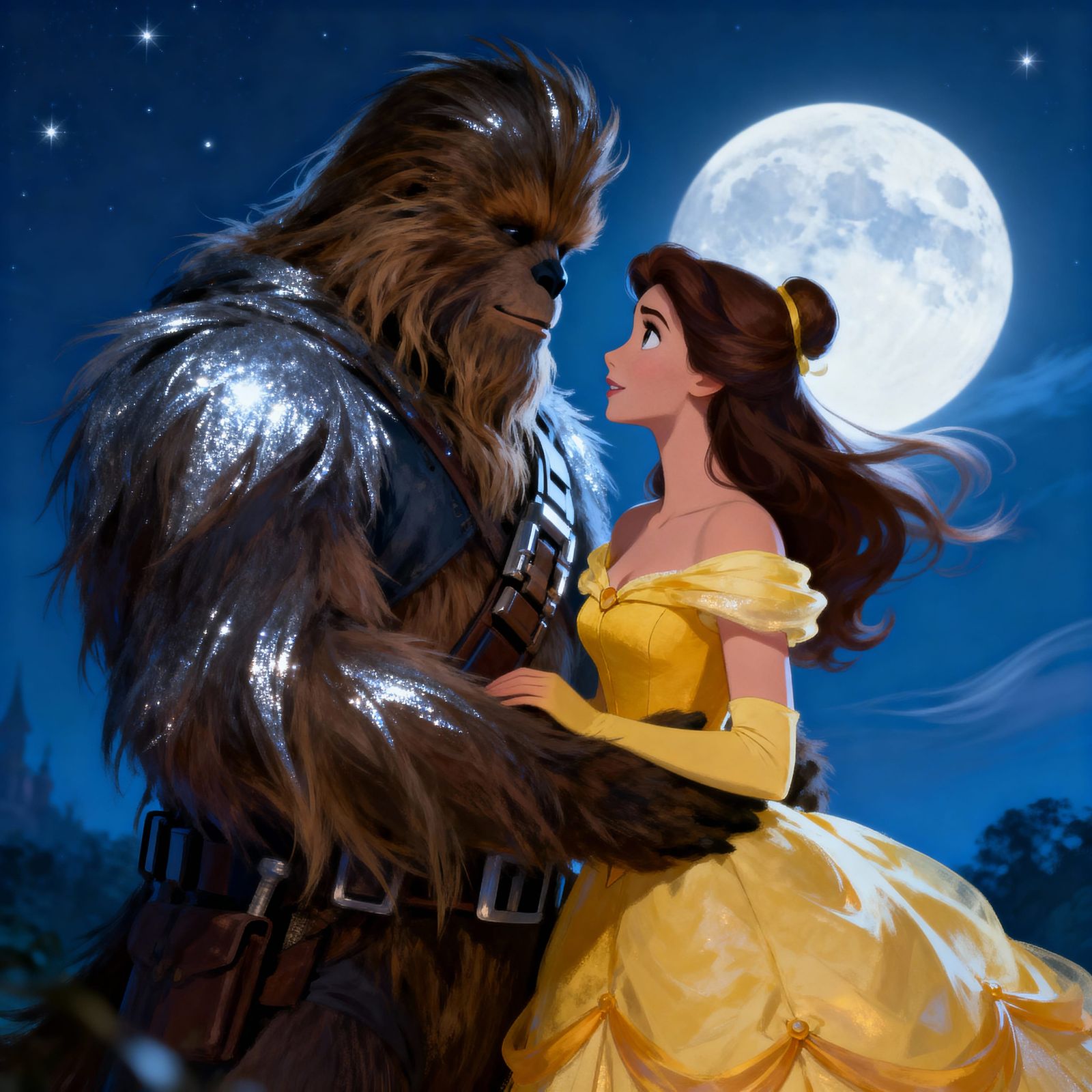 Belle and Chewbacca in Love Under the Moonlight