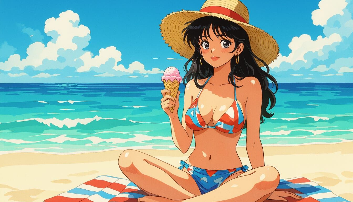 80s Anime Woman with Ice Cream on Summer Beach