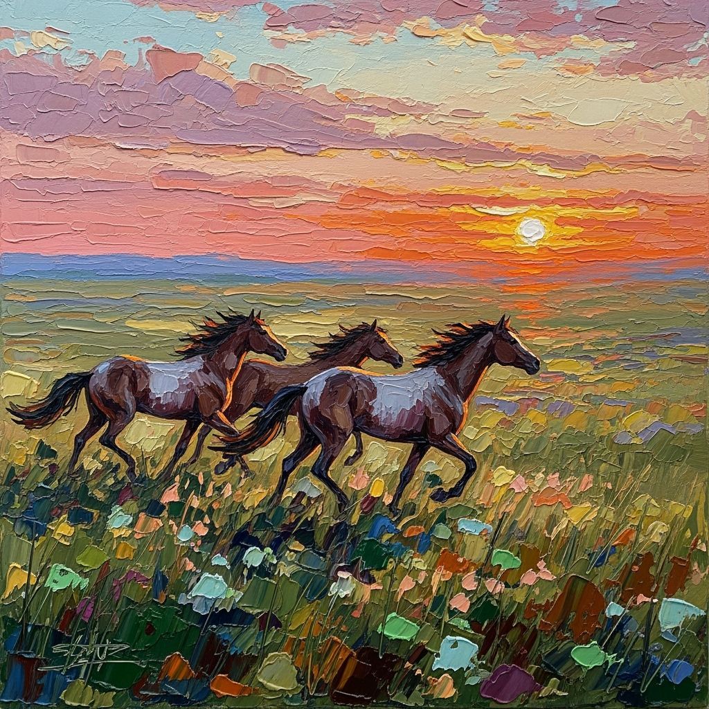 Wild Horses Gallop Across Savanna in Vibrant Sunset Oil Pain...