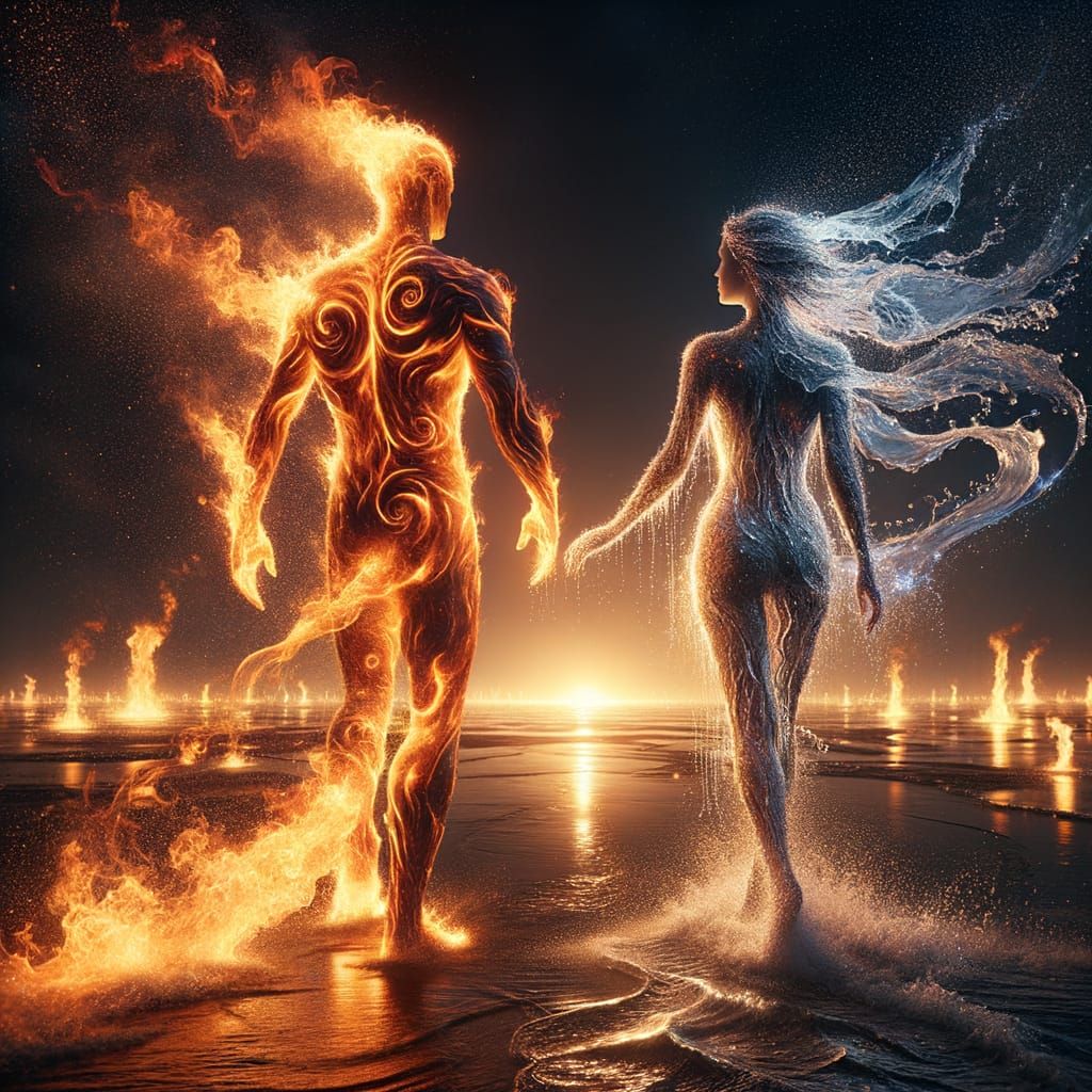 Fire and Water Elementals in Oneiric Fantasy Landscape
