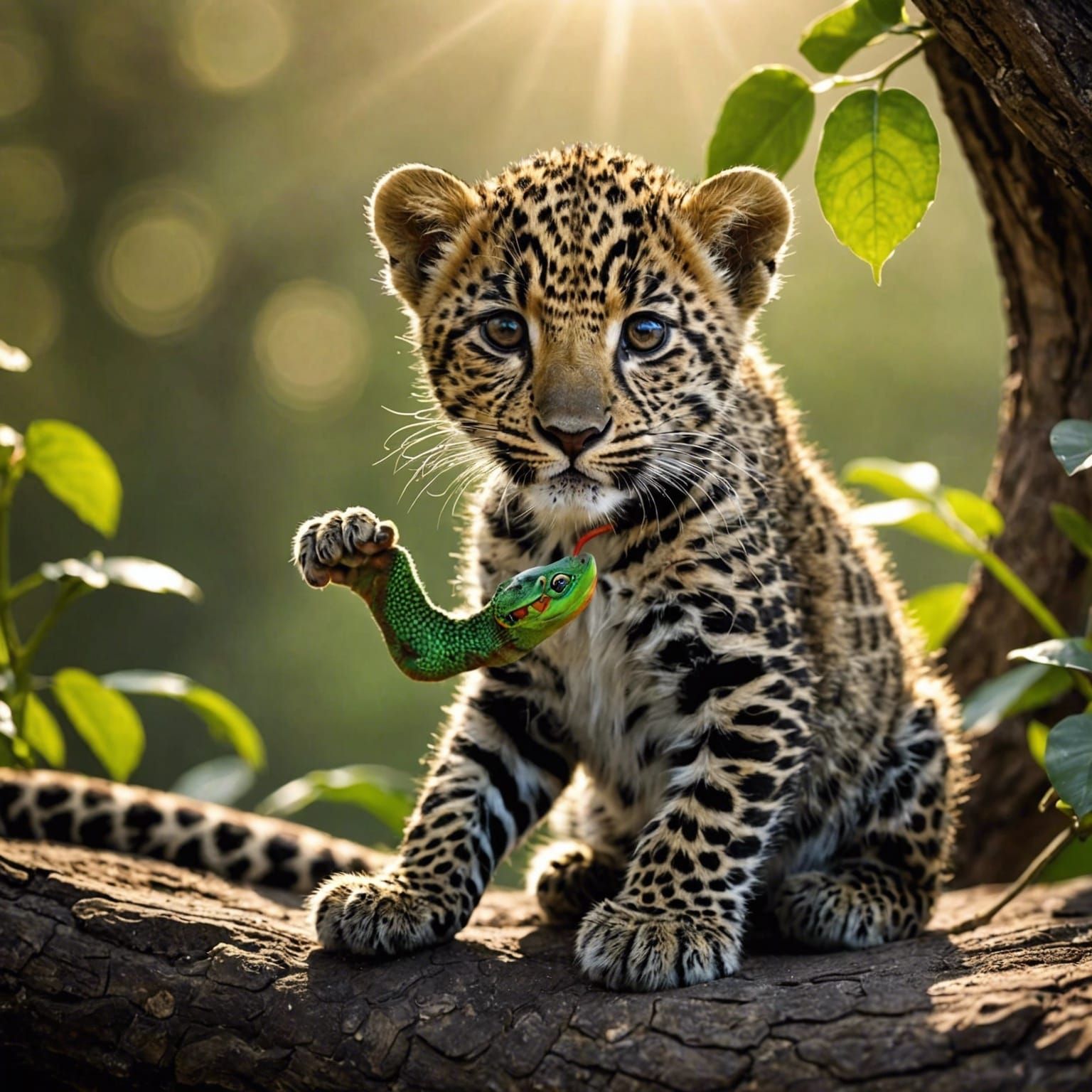 Leopard Cub's Playdate: Gecko in Divine Light