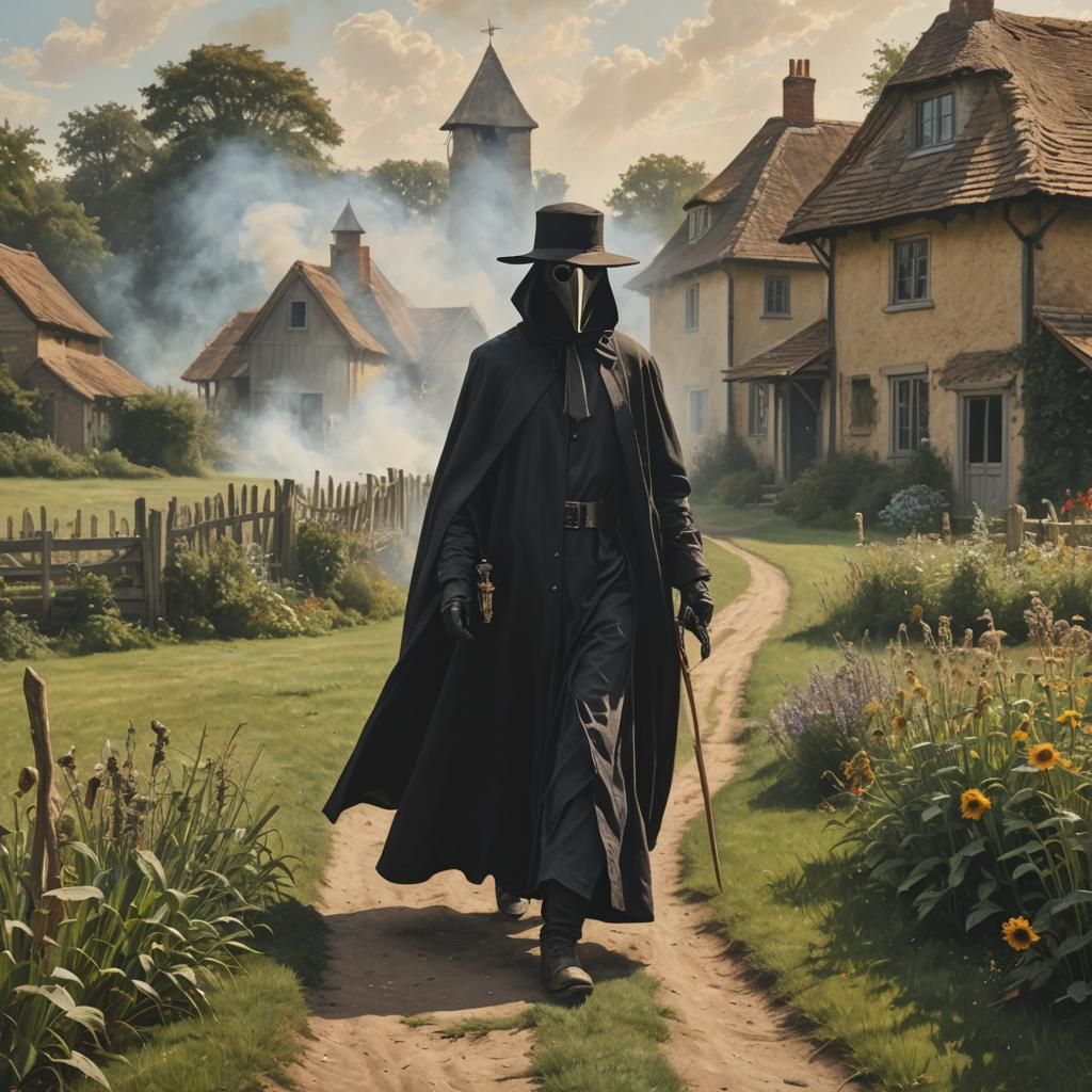 Plague Doctor Walks Towards Cottage in Pre-Raphaelite Style