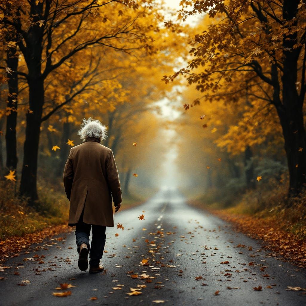 Elderly Man in Autumn Leaves: A Monochrome Memory