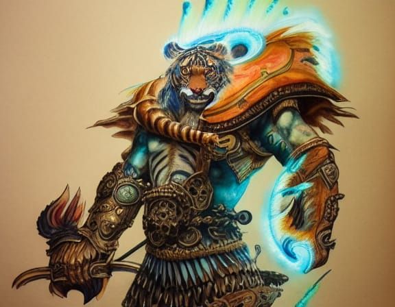 Tiger-Man Warrior Portrait in Dark Fantasy Watercolor Style
