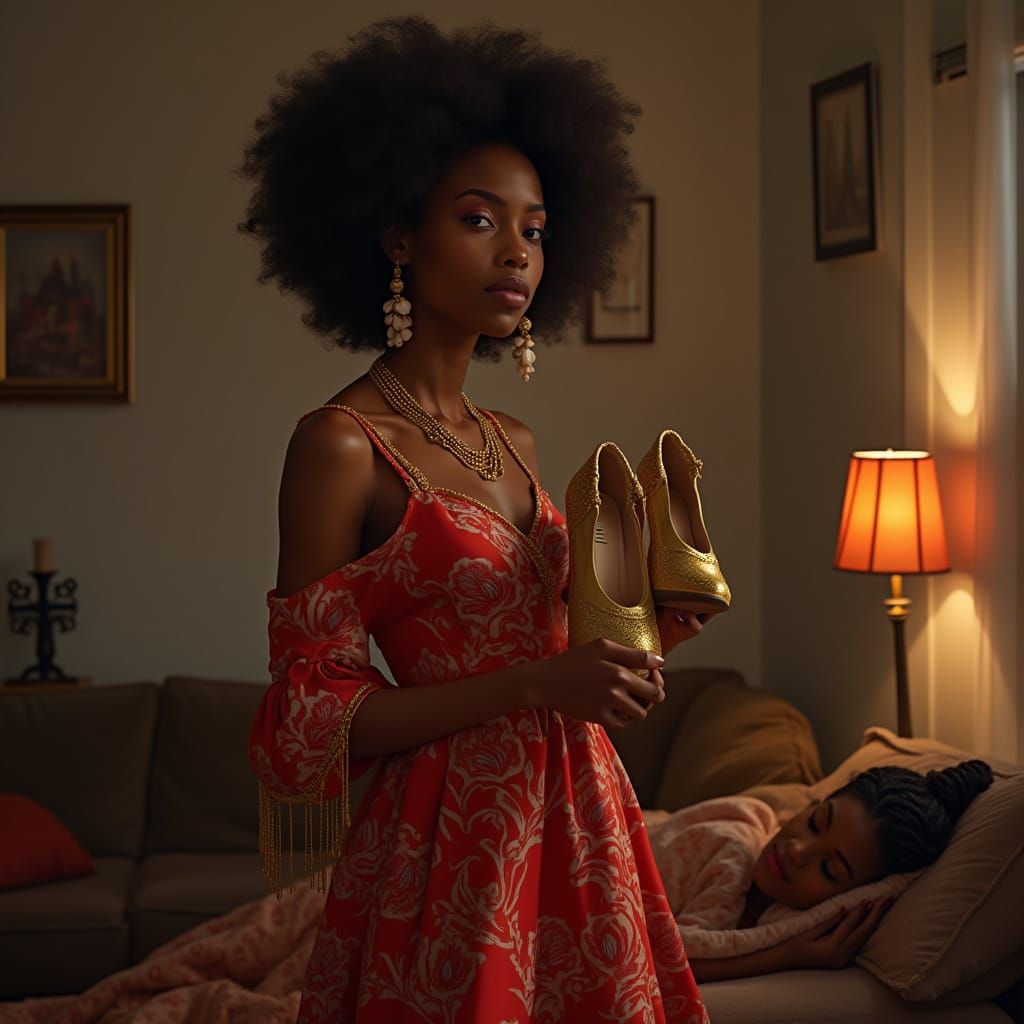 Young African Woman in Vibrant Red Ankara Dress with Golden ...