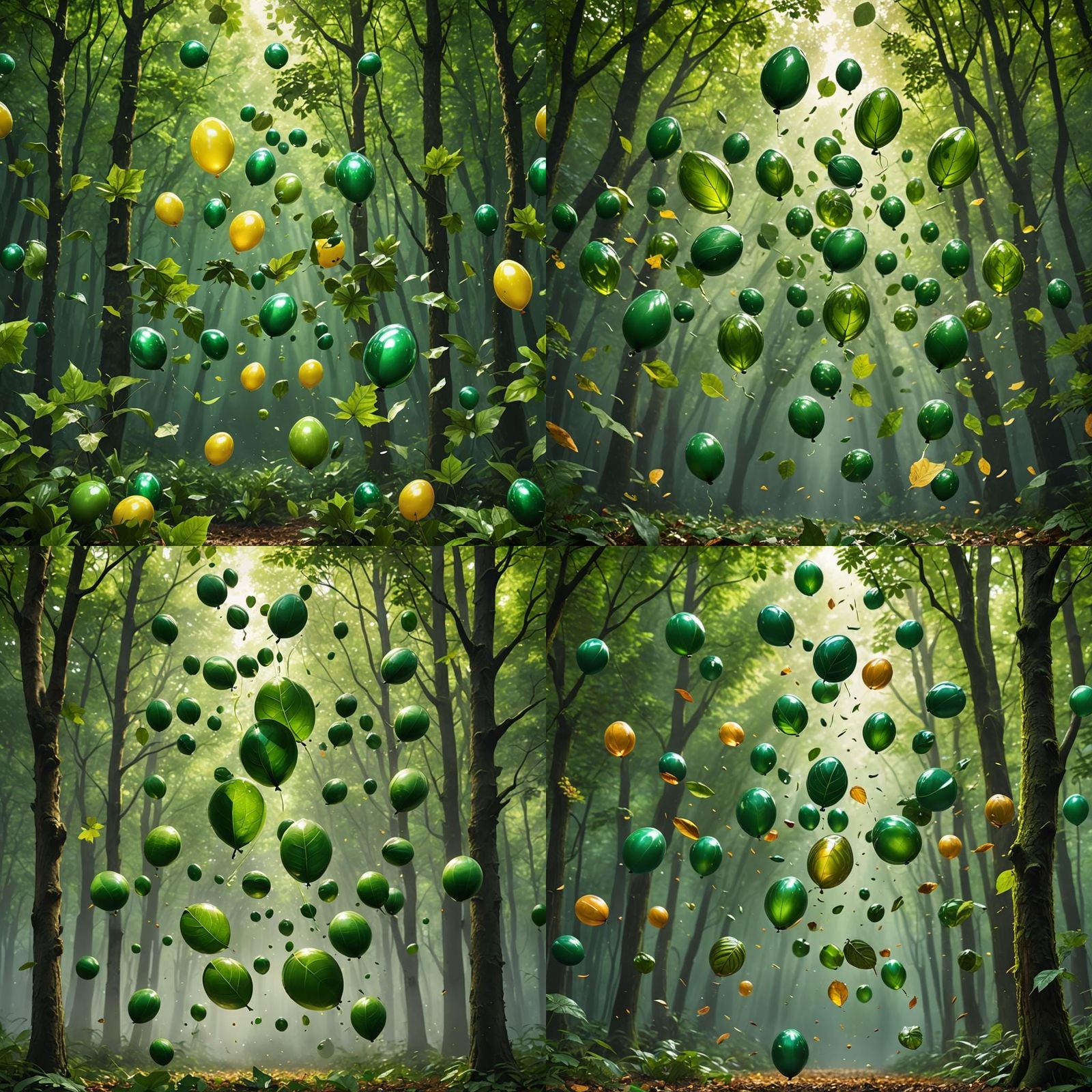 Hyperrealistic Leaf Balloons in a Forest