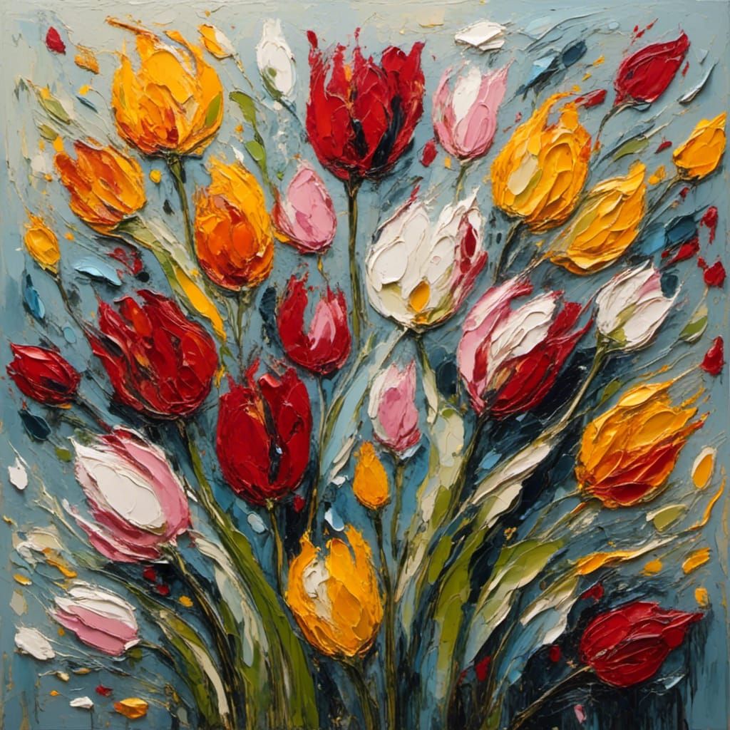 Hyperrealistic Tulips in Impasto Style, Sharp Focus