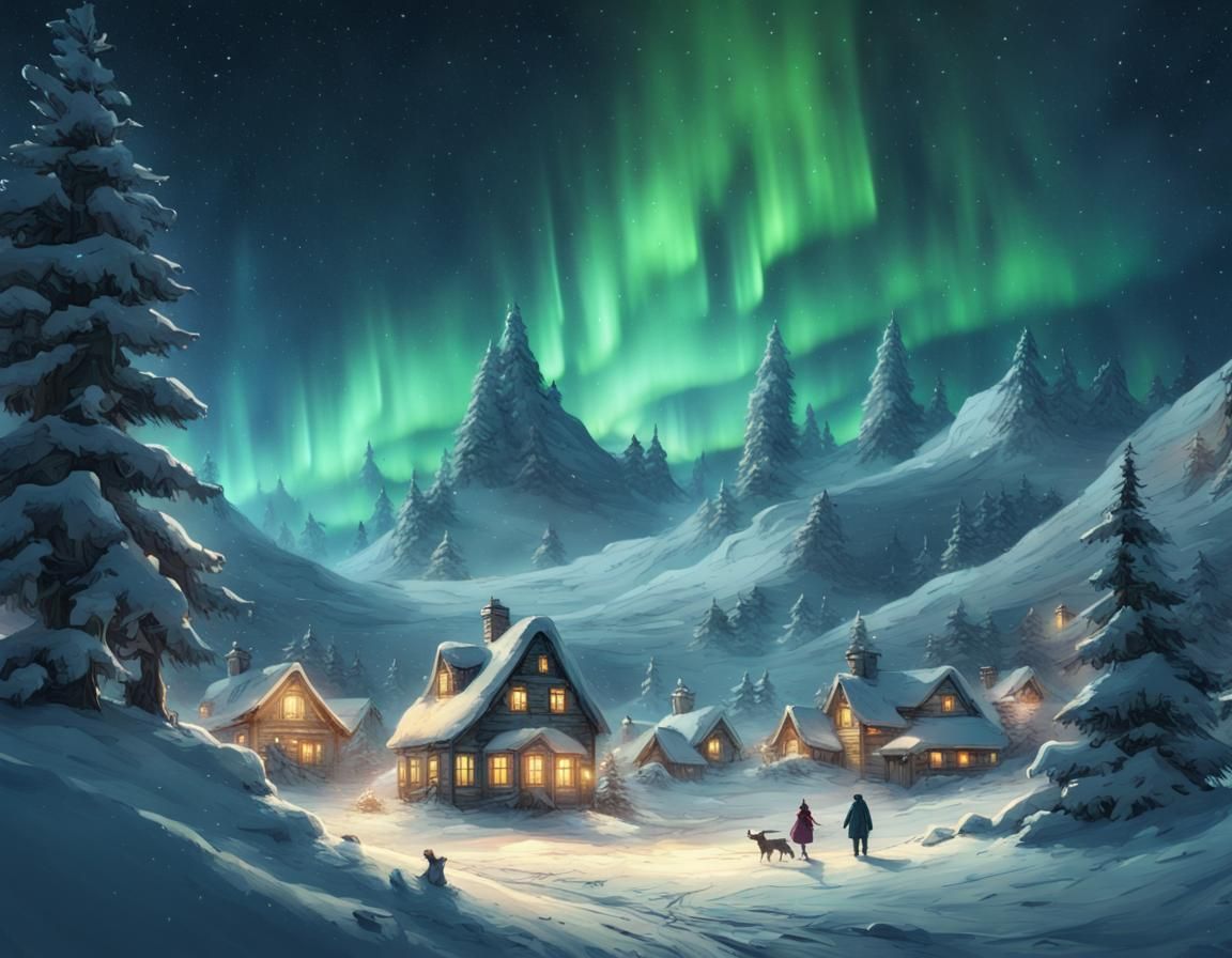 Aurora Borealis Over Christmas Village at Night