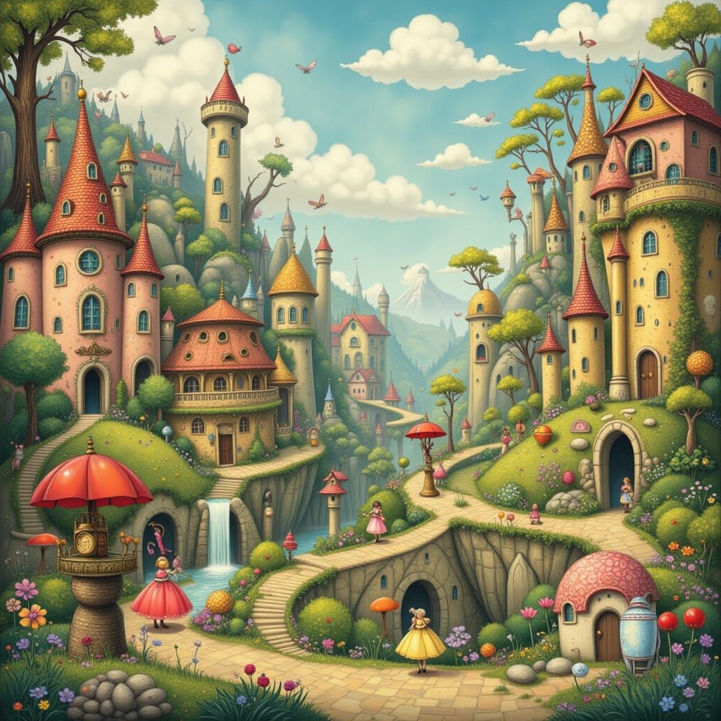 Whimsical Cityscape with Fantastical Figures