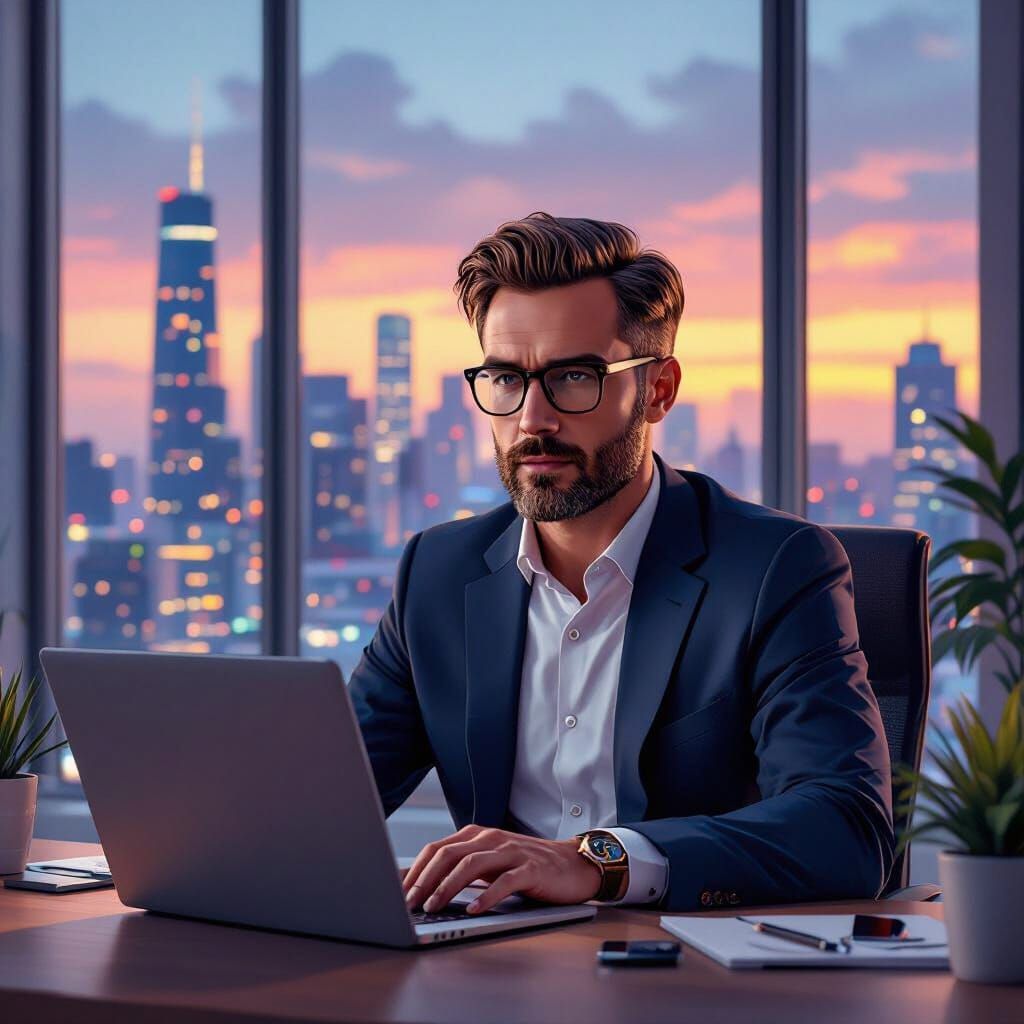 Business Owner in Modern Office: Digital Painting and 3D Ren...