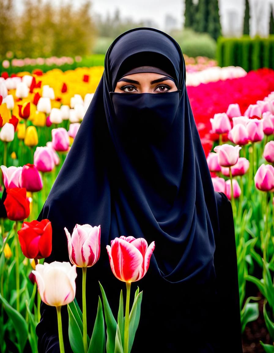 Niqabi Woman in Tulip Garden, Soft Portrait