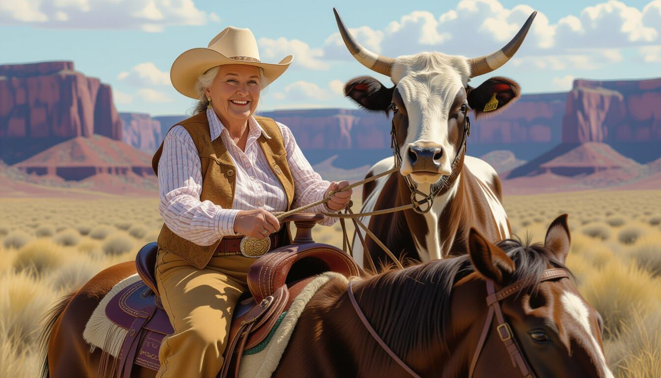 Proud Cowgirl Lassoing Cow in Hyperrealistic Style