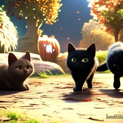 Cute Black Cats Celebrate Halloween in Digital Art