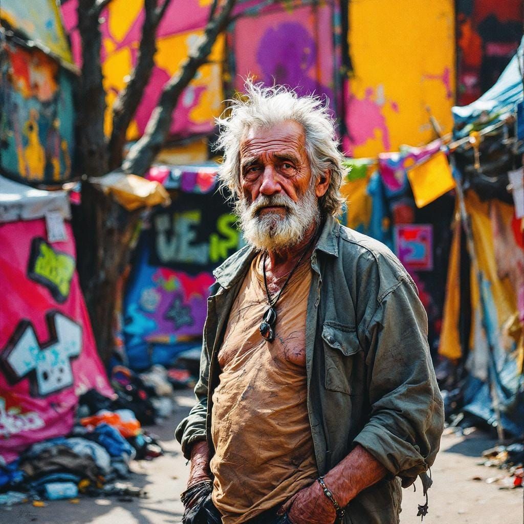 Vibrant Tent City Portrait in Gouache and Watercolor Style