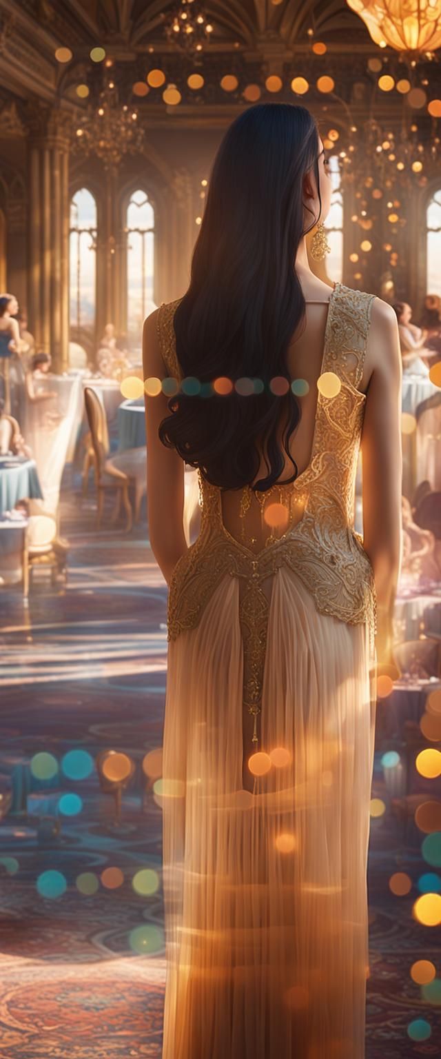 Girl in Ornate Castle Restaurant: Whimsical Concept Art