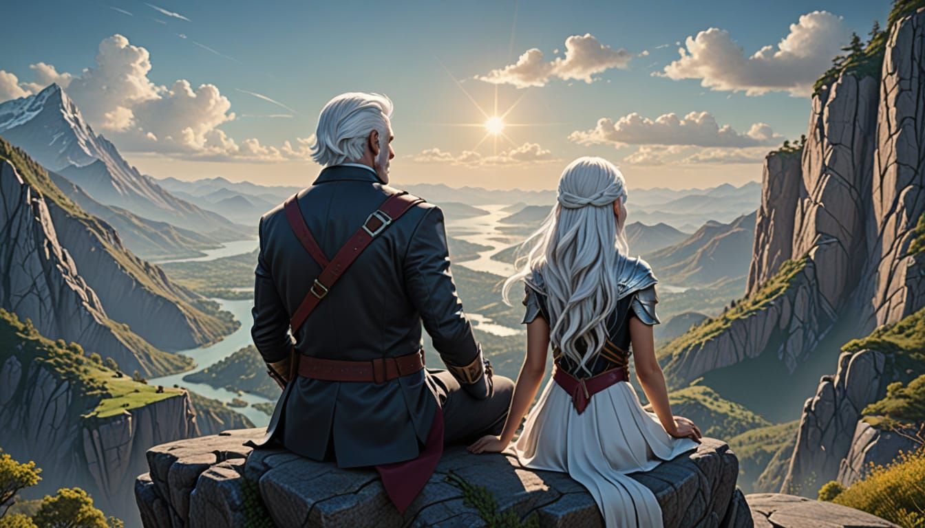 Fantasy Father and Daughter Overlooking Mountains