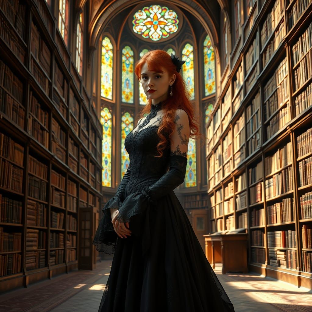 Gothic Woman in Library, Pre-Raphaelite Style