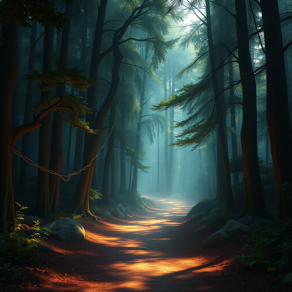 Luminous Forest Path in a Detailed Digital Painting