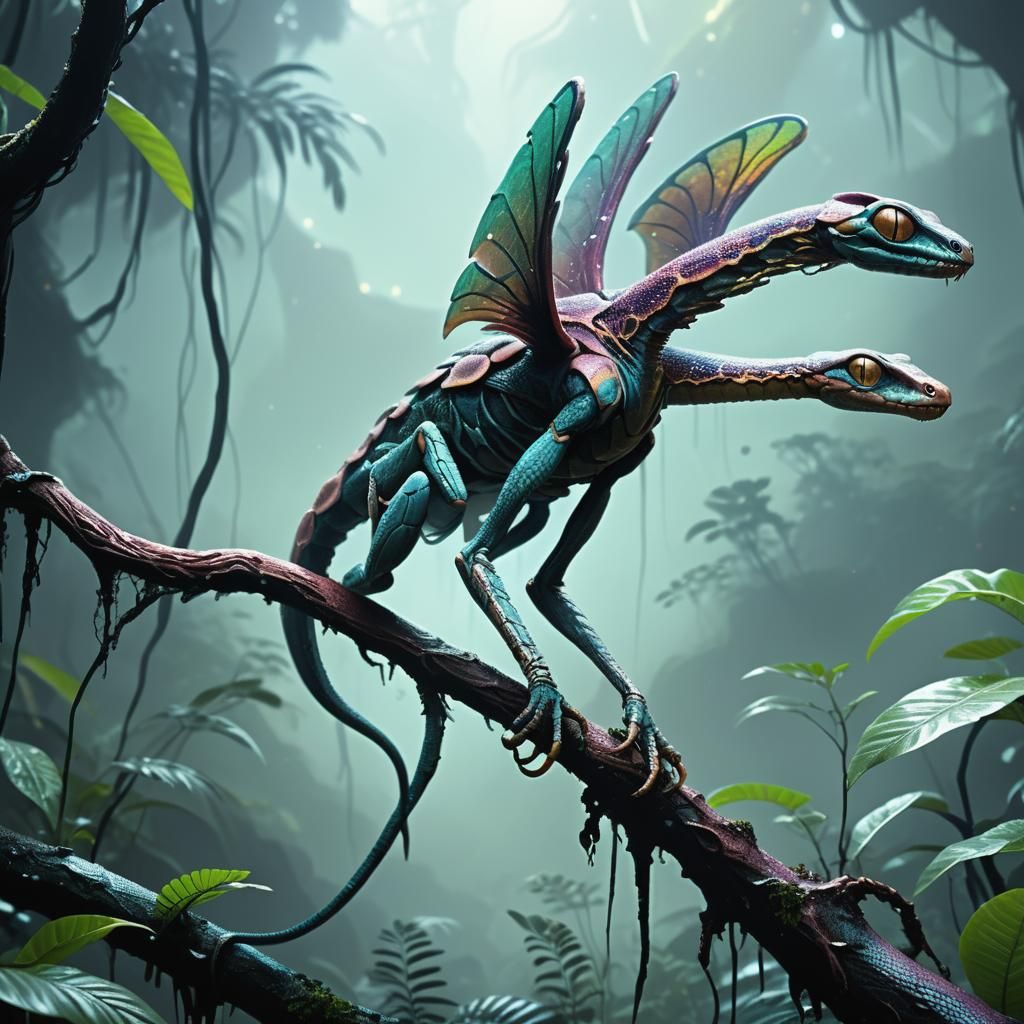 Flying Snake Alien in a Misty Exoplanet Jungle
