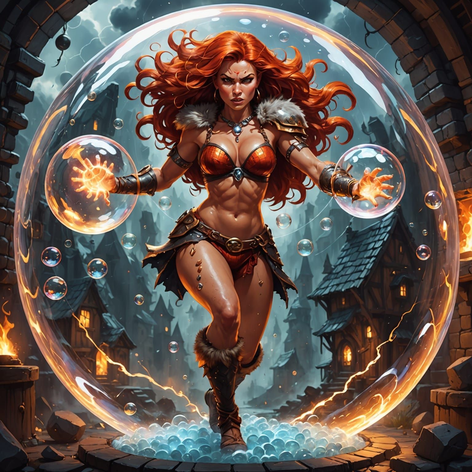 Barbarian Queen Encased in Bubble Above Wizard's Workshop