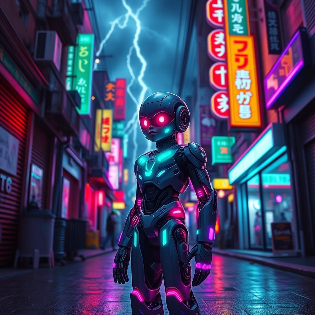 Cyborg Child in Neo Tokyo Alleyway