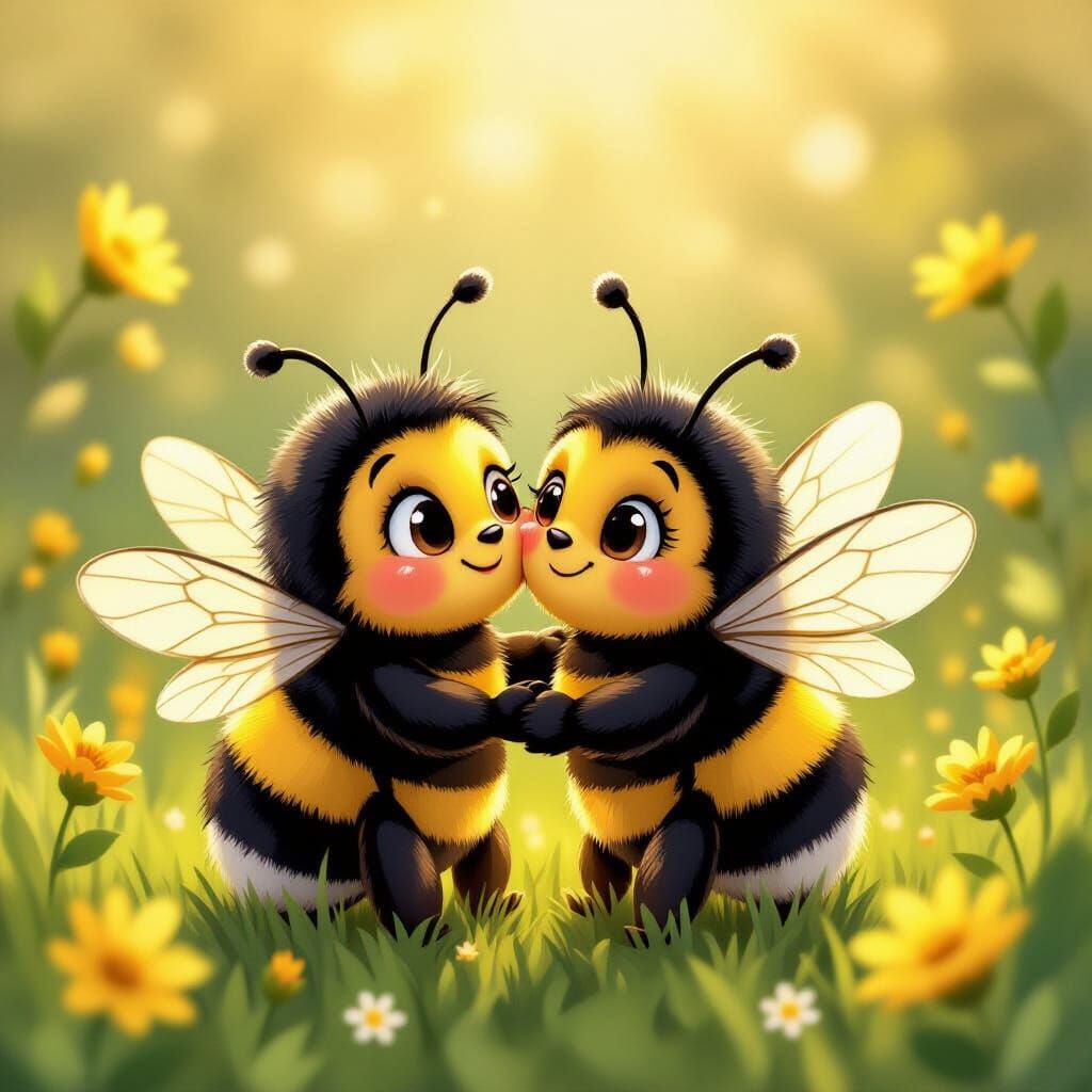 Adorable Bumblebees Hugging in Cheerful Cartoon Style