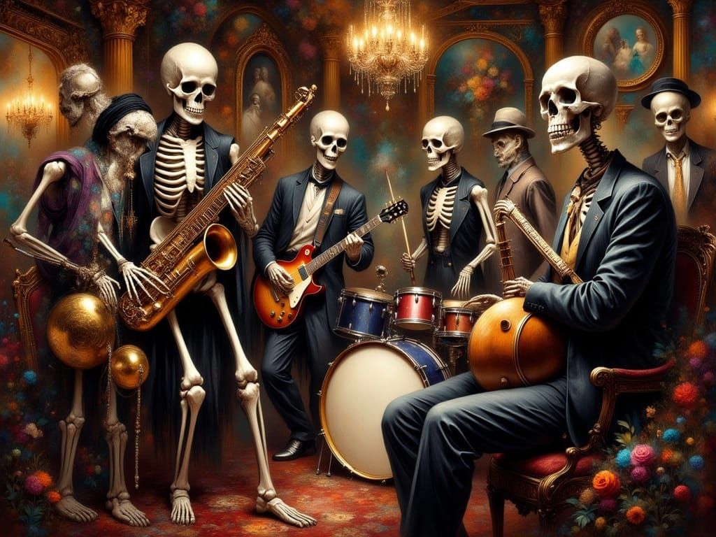 Surreal Jazz Club Scene with Skeleton Musicians in Vintage A...