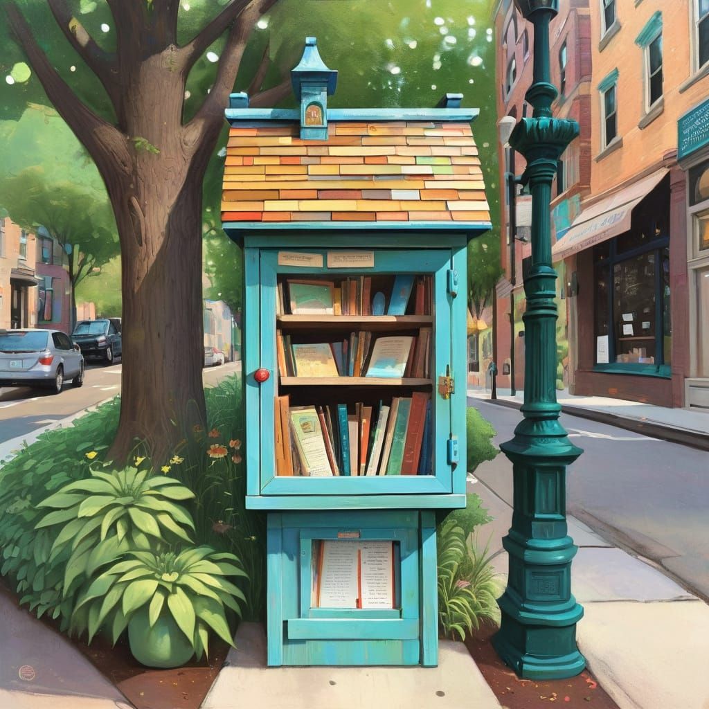 Whimsical Free Library by Sidewalk in Quaint Street