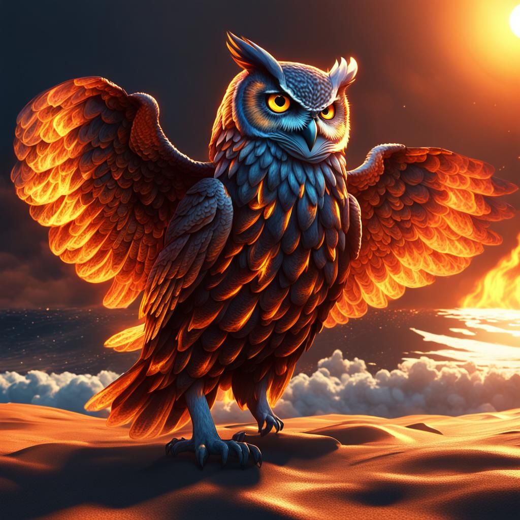 Fiery Owl on Burning Planet in Dramatic 3D Rendering