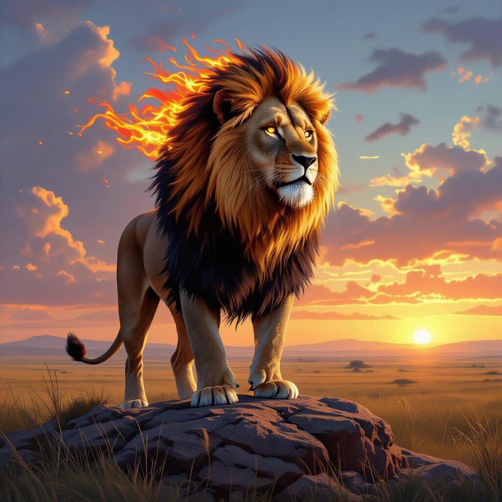 Lion with Flaming Mane Overlooking Savannah