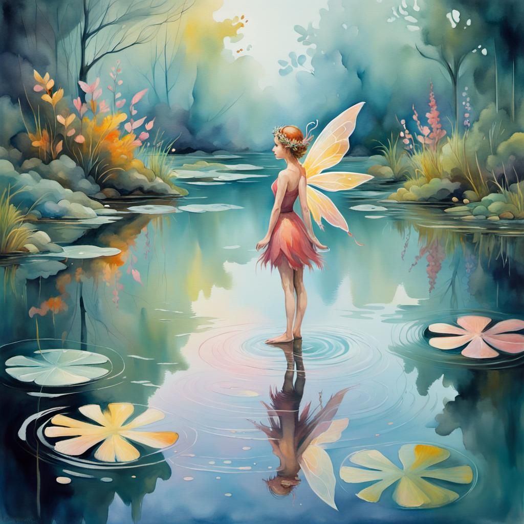 Whimsical Fairy Reflection in Watercolor Painting