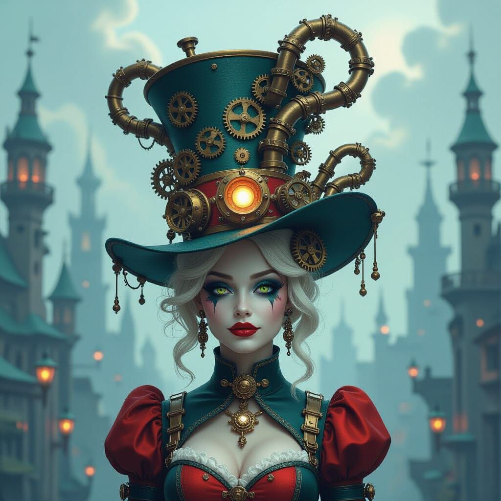 Harley Quinn With Clockwork Hat in Retro-Futuristic City