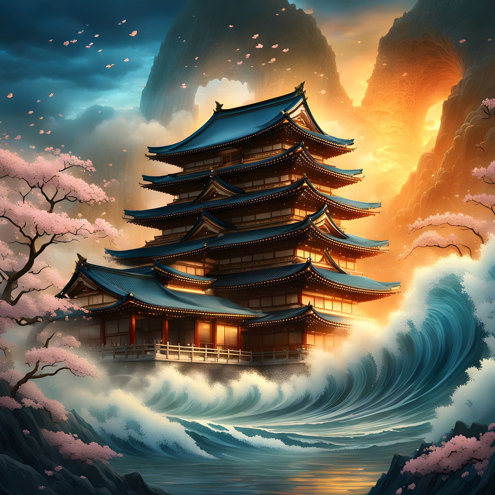 Ancient Tsunami Engulfs Japanese Temple in Detailed Painting