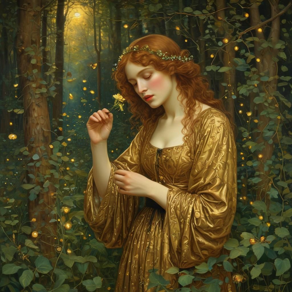 Woman Eating Flower in Pre-Raphaelite Style