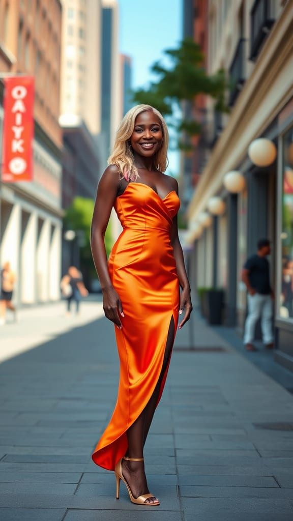 Ultra-Realistic Photo of Woman in Orange Satin Dress on City...