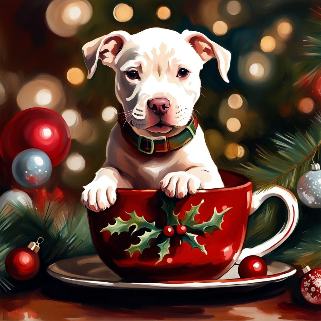 Pitbull Puppy in Christmas Teacup: Gouache Impressionist Pai...