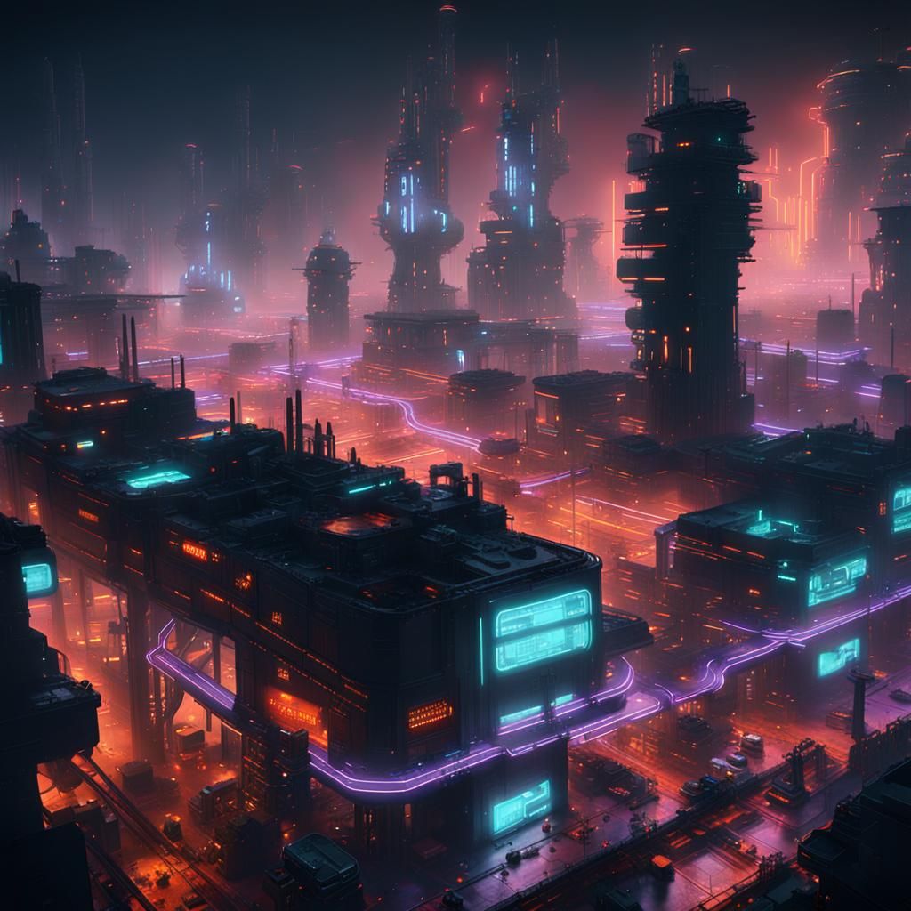 Cyberpunk Hive Cityscape with Neon Lights and Smog